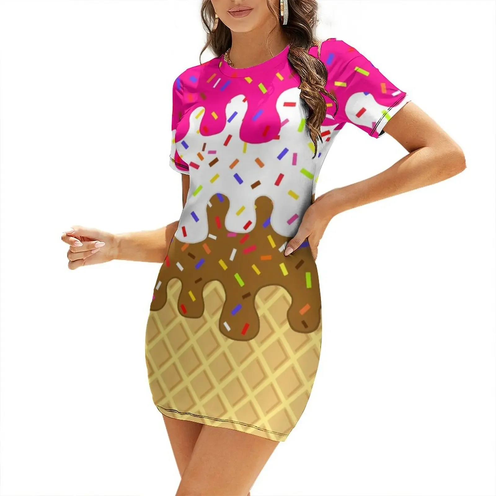 

Waffle Cone Neopolitan Ice Cream With Sprinkles- Short-Sleeved Dress women's fashion dresses Dress