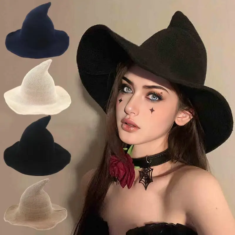 Halloween Witch Knitted Pointed Hat Cotton Yarn Cosplay Dress Up Party Prop Accessories Foldable Magic Girl Wizard Hat