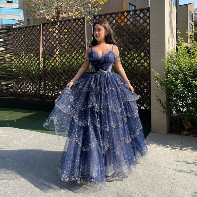 Sparkly Dark Blue Tulle Beaded Prom Dresses Spaghetti Straps Tiered Skirt  Modern Shiny Evening Gowns Party Bride Wear - AliExpress