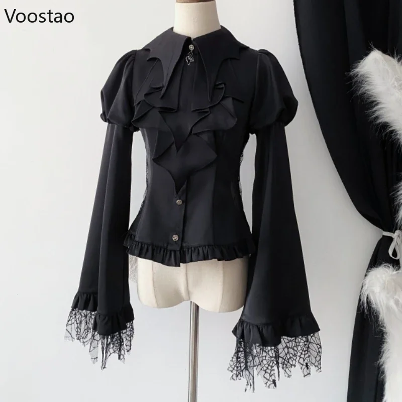 Gothic Y2k Lolita Style Shirts Women Vintage Mesh Lantern Long Sleeve Blouse Female Japanese Victorian Vintage Slim Clothes Tops