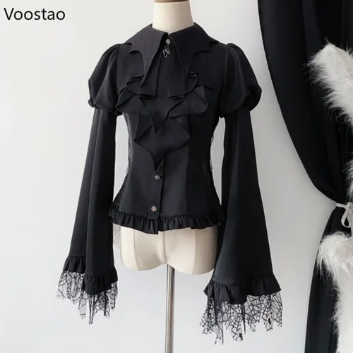Imagen 2 del producto Camisas góticas Y2k estilo Lolita para mujer, blusa de manga larga con farol de malla Vintage, ropa ajustada Vintage victoriana japonesa para mujer, Tops