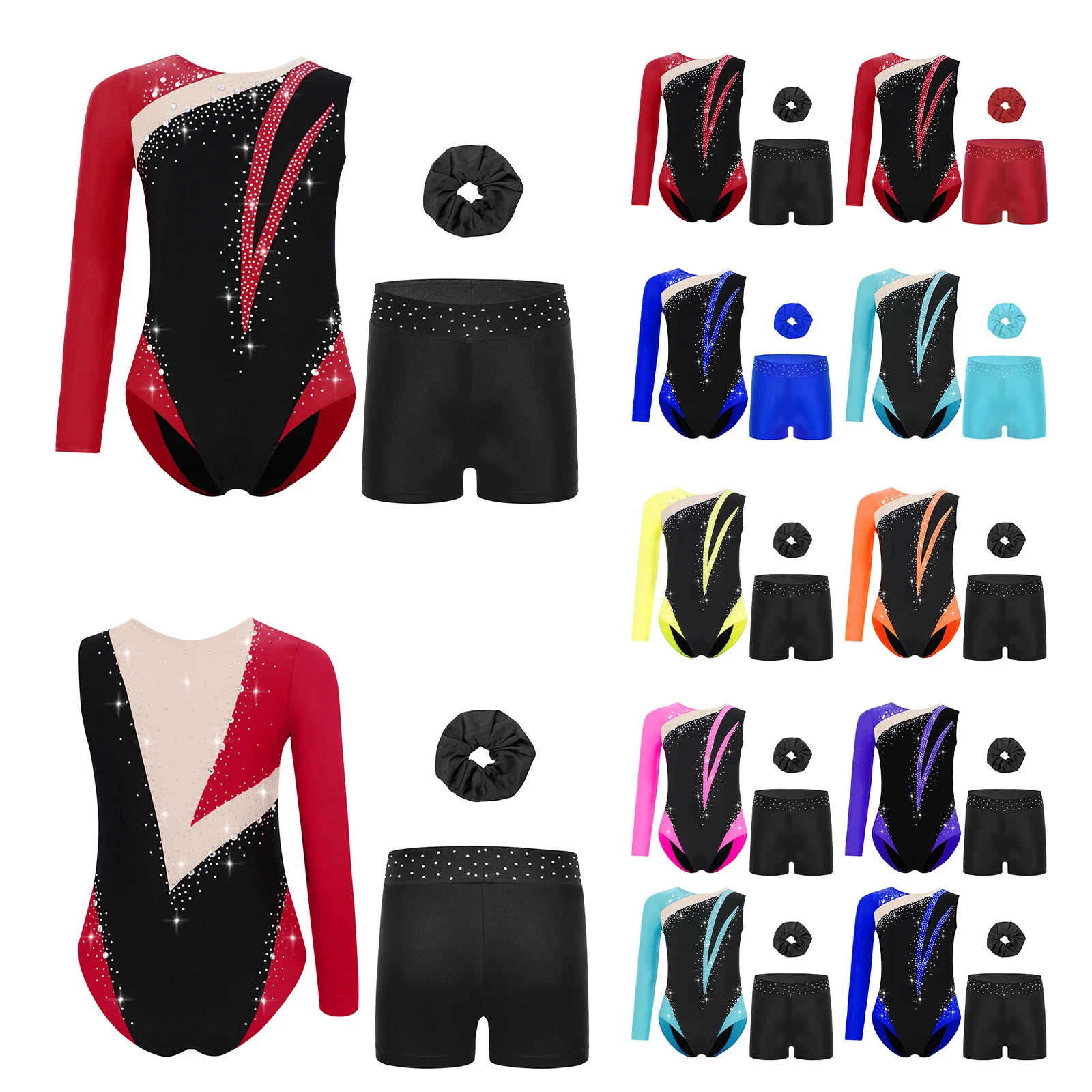 Niños Niñas gimnasia danza patinaje artístico traje de actuación diamantes de imitación bloque de Color leotardo asimétrico con pantalones cortos sombreros