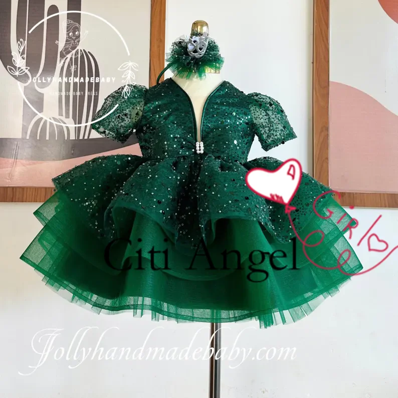 

Glitter Green Flower Girl Dress Short Sleeves With Headwear Cute Baby Girl Tutu Party Gown Short Graduation Kids Prom Dress