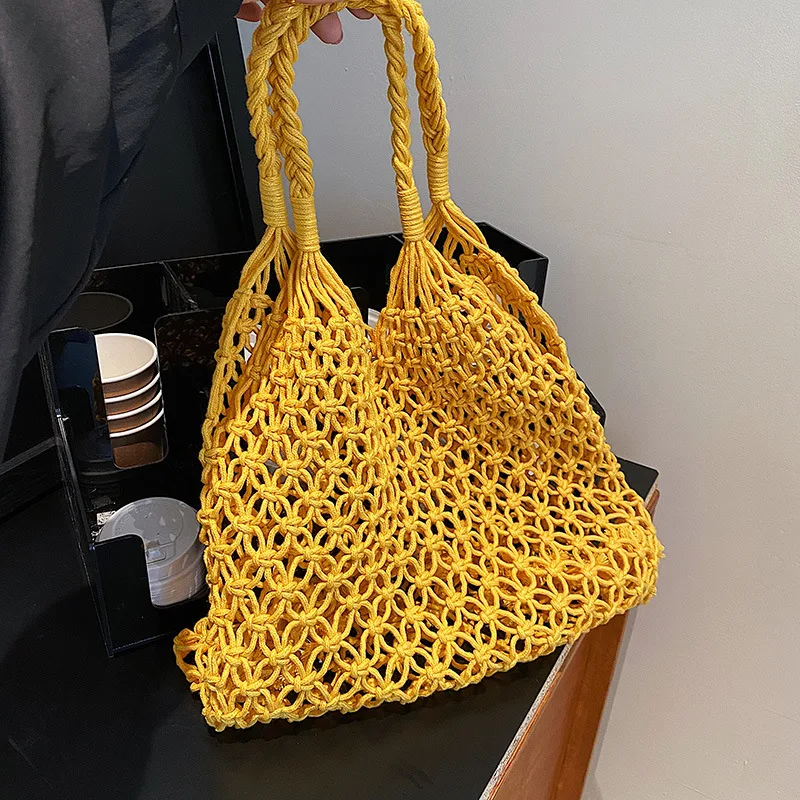 Hand-Woven Straw Bag Women Handmade Hollow Handbag Female Rattan Shoulder Bag Big Capacity Summer Casual Travel Beach Tote Purse