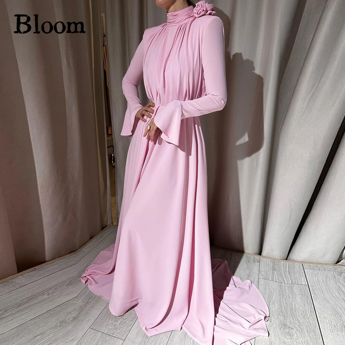 

Bloom High Neck With Flowers Prom Dresses Long Sleeves A-line Floor-length Formal Evening Dresses Bridal Wedding Party Dress