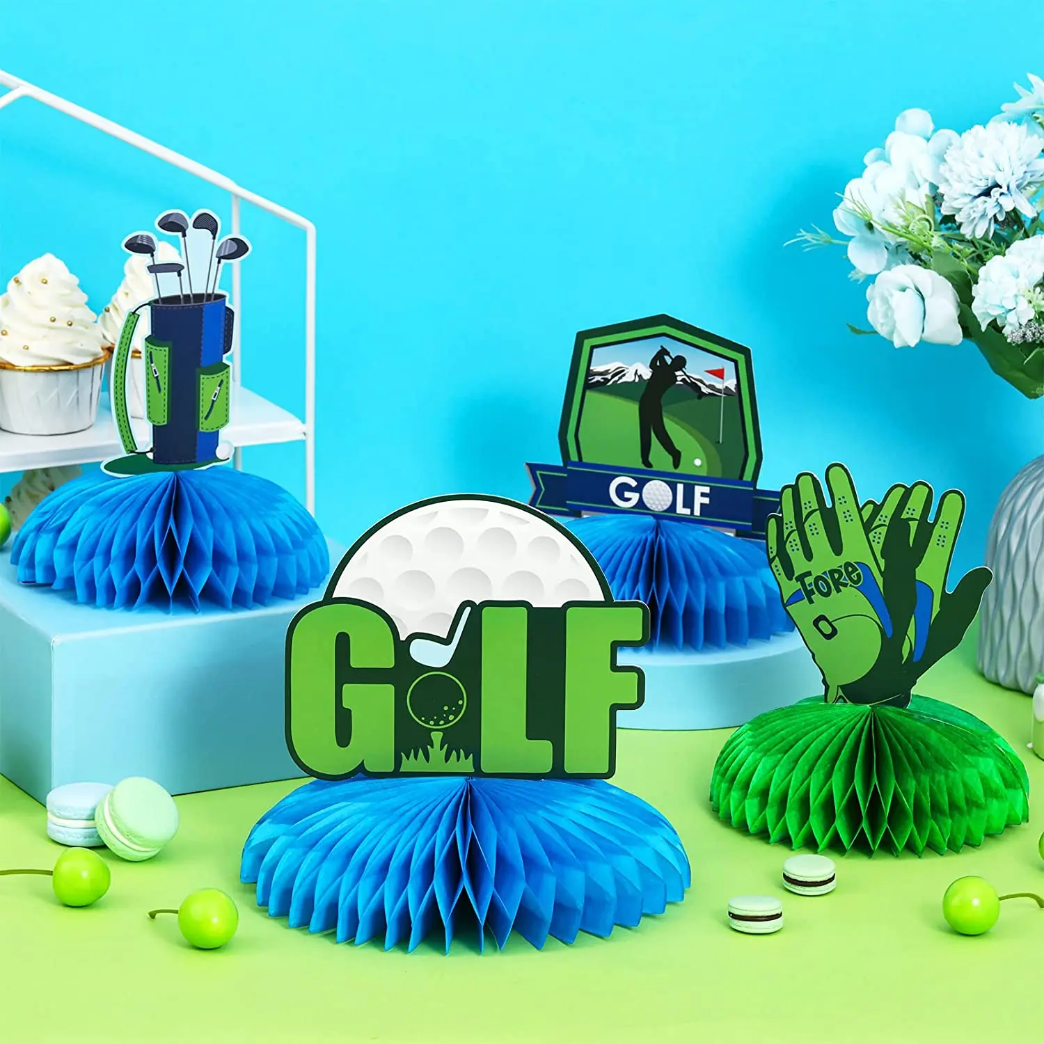 JOYMEMO 8 Pieces Golf Theme Honeycomb Centerpieces Golfing Par-tee Time 3D Table Decorations Sports Golf Birthday Party Supplies