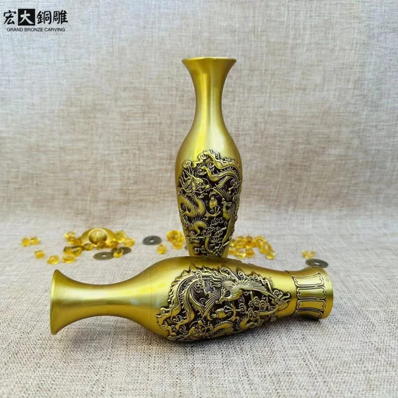 Brass Prosperity Brought by the Dragon and the Phoenix Vase Decoration Living Room Flower Arrangement Home Decoration New Chines