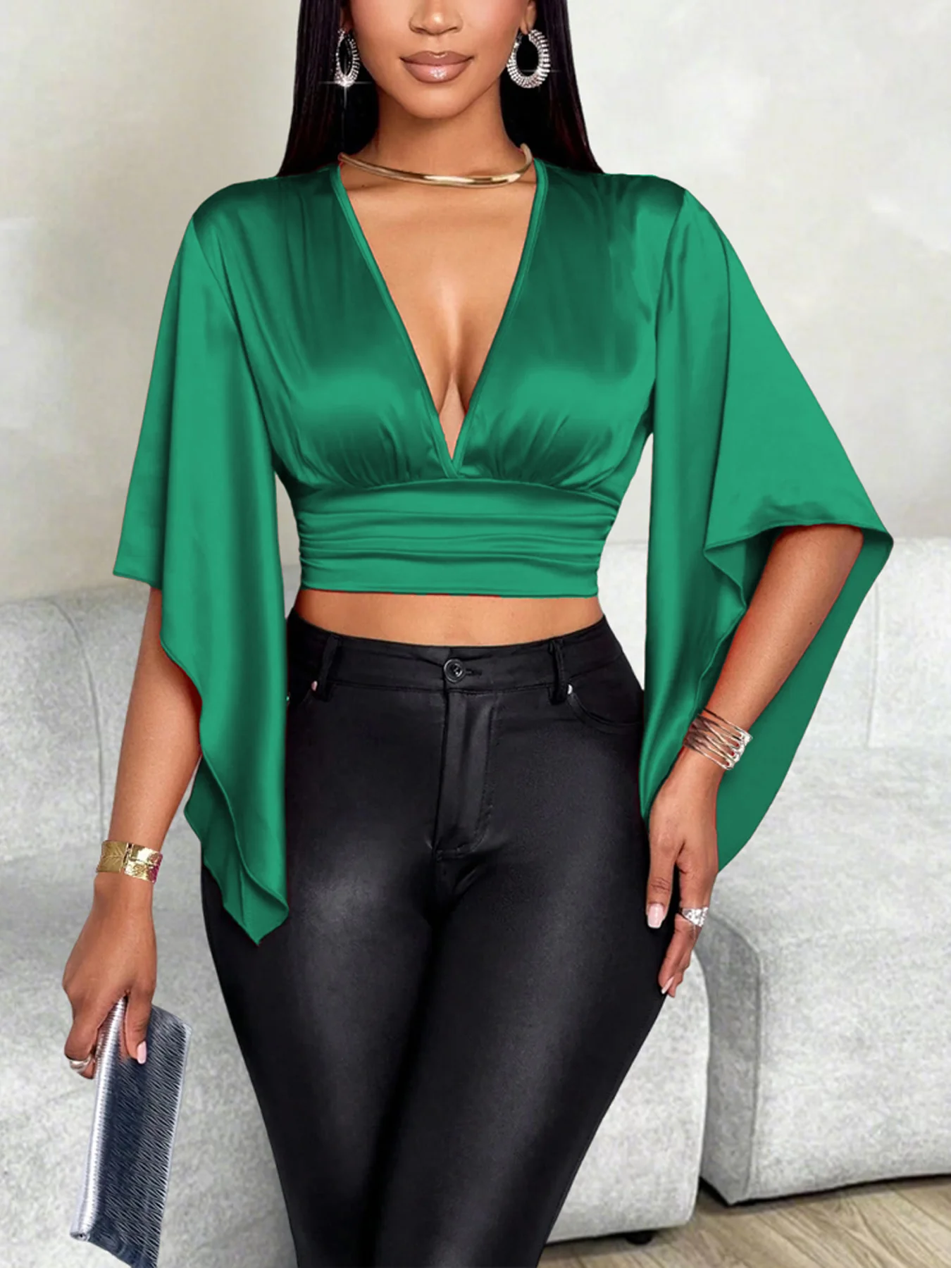 

Spring Summer Women's Satin Crop Blouse Green Deep V Neck Flowy Half Sleeve Ruched Elegant Stylish Chic Party Date Casual Top