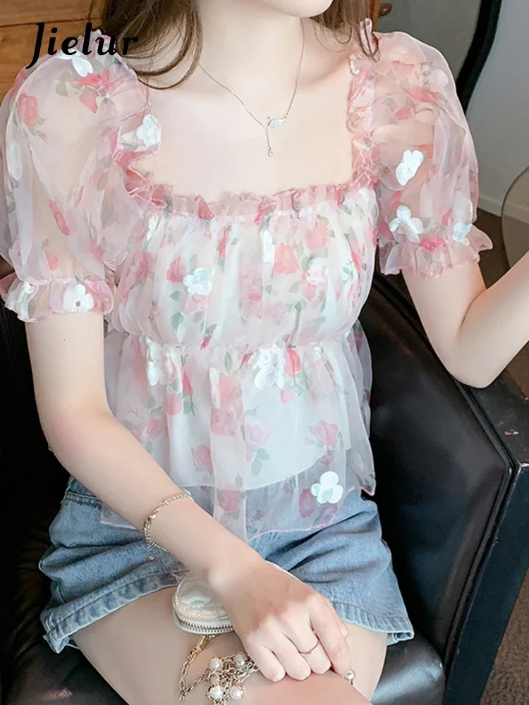 Jielur Summer New Slim Sweet Women Blouse Ladies Elegant Fashion Floral Blouse Woman Pink Blue Puff Sleeve Square Neck Top