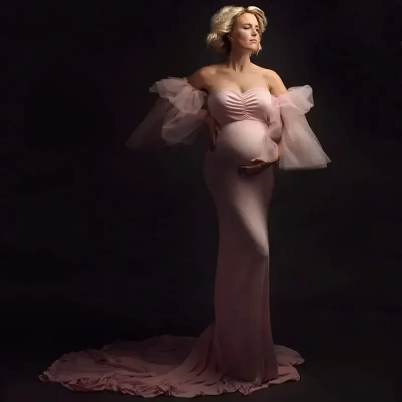 Vintage Shoulderless Maternity Photography Props Long Dresses Pregnant Women Skinny Baby Shower Gown  Wedding Train Dress