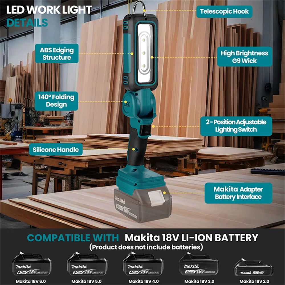 Draadloze LED-werklamp 1000 lumen Twee niveaus Laagspanningsbeveiliging 140 graden verstelbare handlamp voor Makita 18V batterij