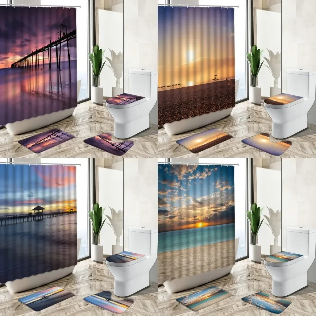 Ocean Natural Scenery Shower Curtain Sunset Evening View Pier Boat Bathroom Non-Slip Carpet Toilet Cover Floor Mat Set Washable