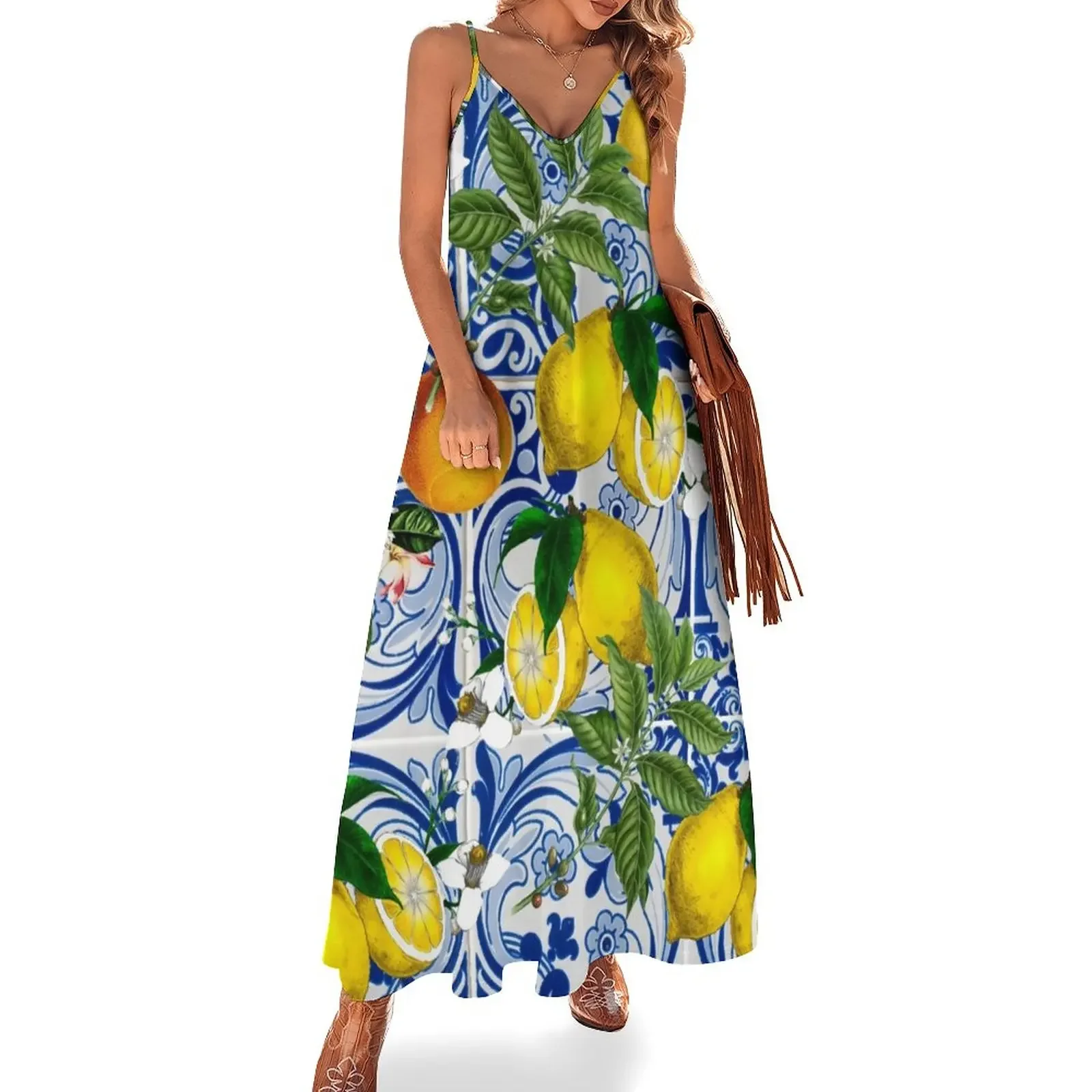 Mediterranean Lemon on Blue Ceramic Tiles Sleeveless Dress Womens dresses summer dresses for women 2025