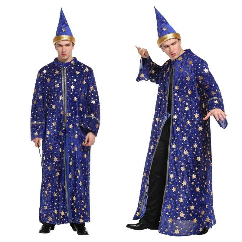 Adult Halloween Men Blue Robe and Hat Star Moon Magic Magician Wizard Costume Cosplay gioco di ruolo decorazione abbigliamento
