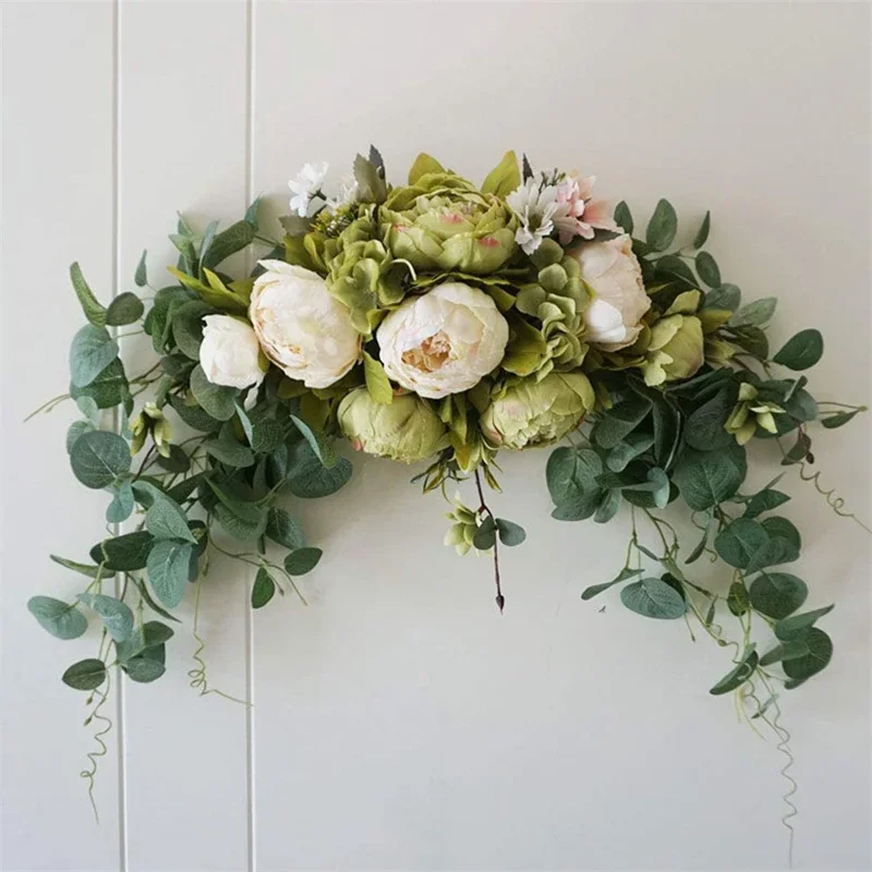 30Inch Wedding Artificial Peony with Green Leaves Swag Backdrop Centerpiece Garland for Arch Front Door Wall Home Hanging Decor