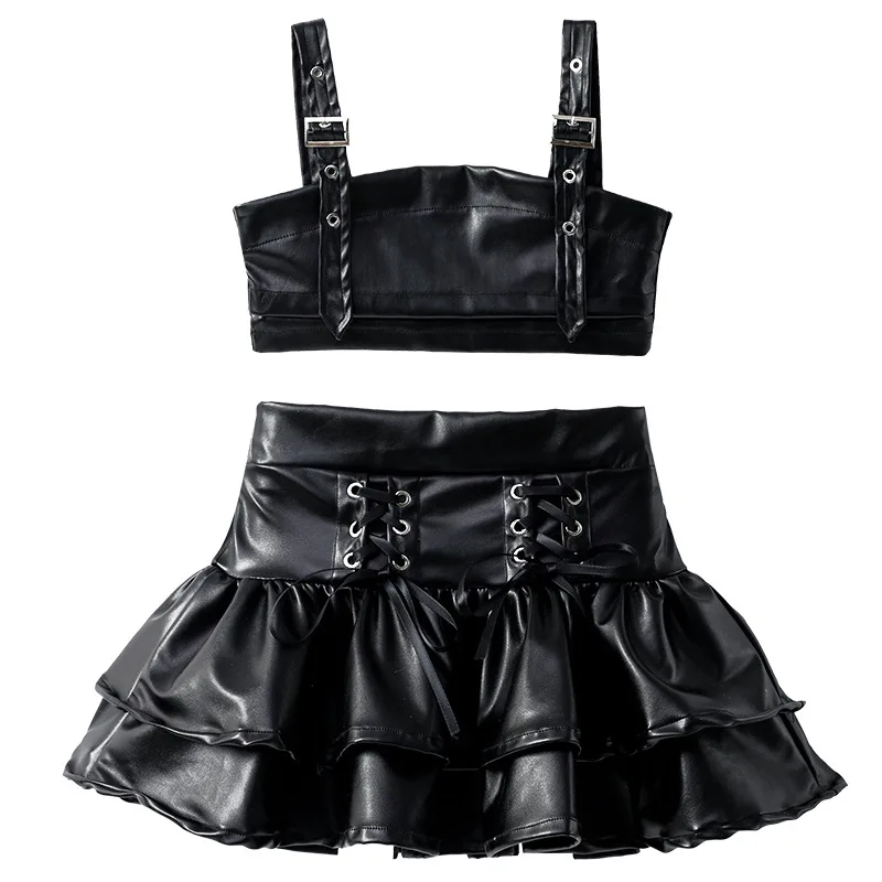 Dziecięca odzież Kpop Hip Hop Czarna Krótka Koszulka Tank Top ze Sztucznej Skóry Warstwowa Spódnica Spodnie Cargo Szorty na Ramiączkach dla Dziewczynki Kostium do Tańca Ubrania