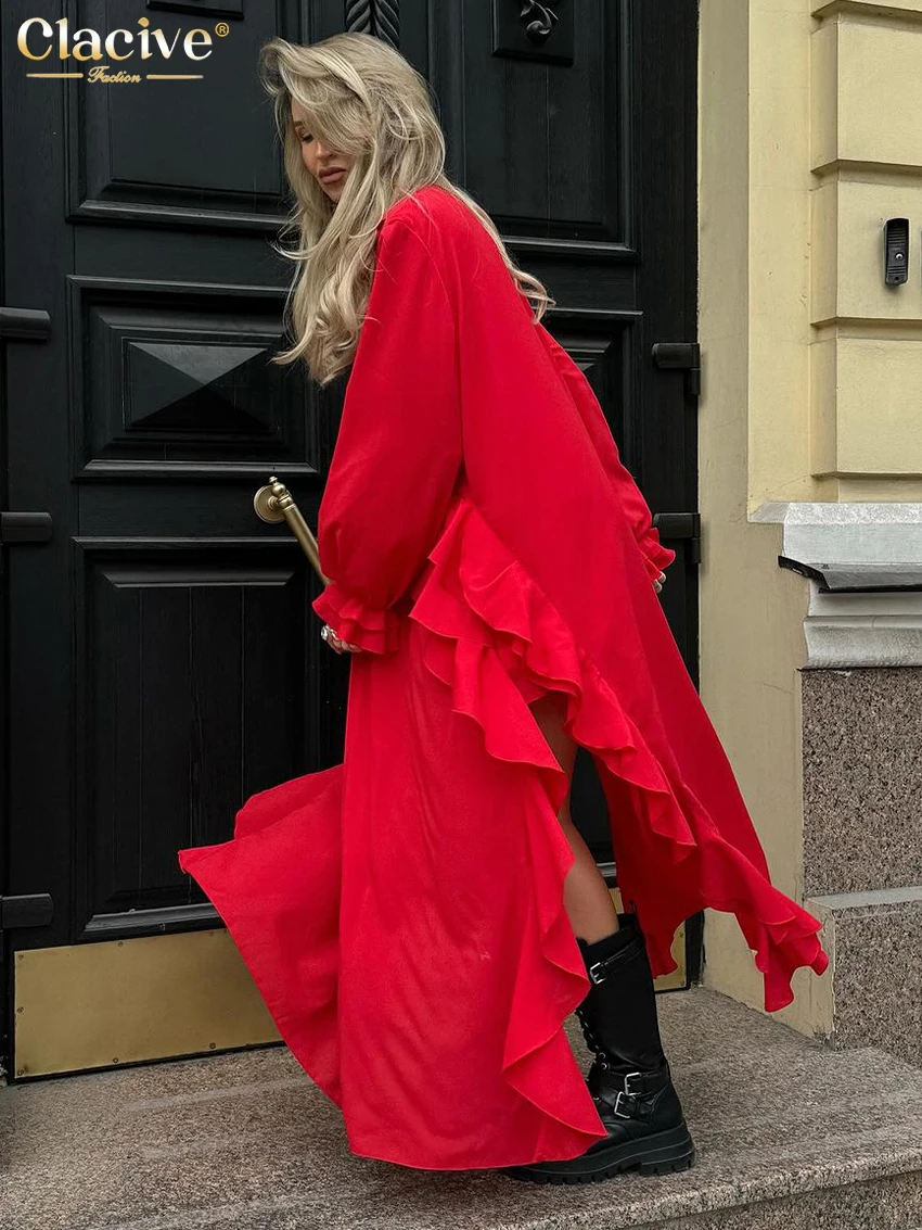 Clacive Fashion Loose Red Women Dress 2024 Sexy V-Neck Long Sleeve Ankle Length Dresses Elegant High Waist Ruffle Dress Female