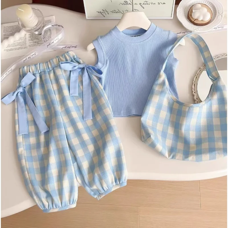 

Girls Sleeveless Sets Children's Clothing Solid T-shirt +Plaid Pants + Bag 3Pcs Suits Baby Fashion Knotbow Outfits 2-8 Years