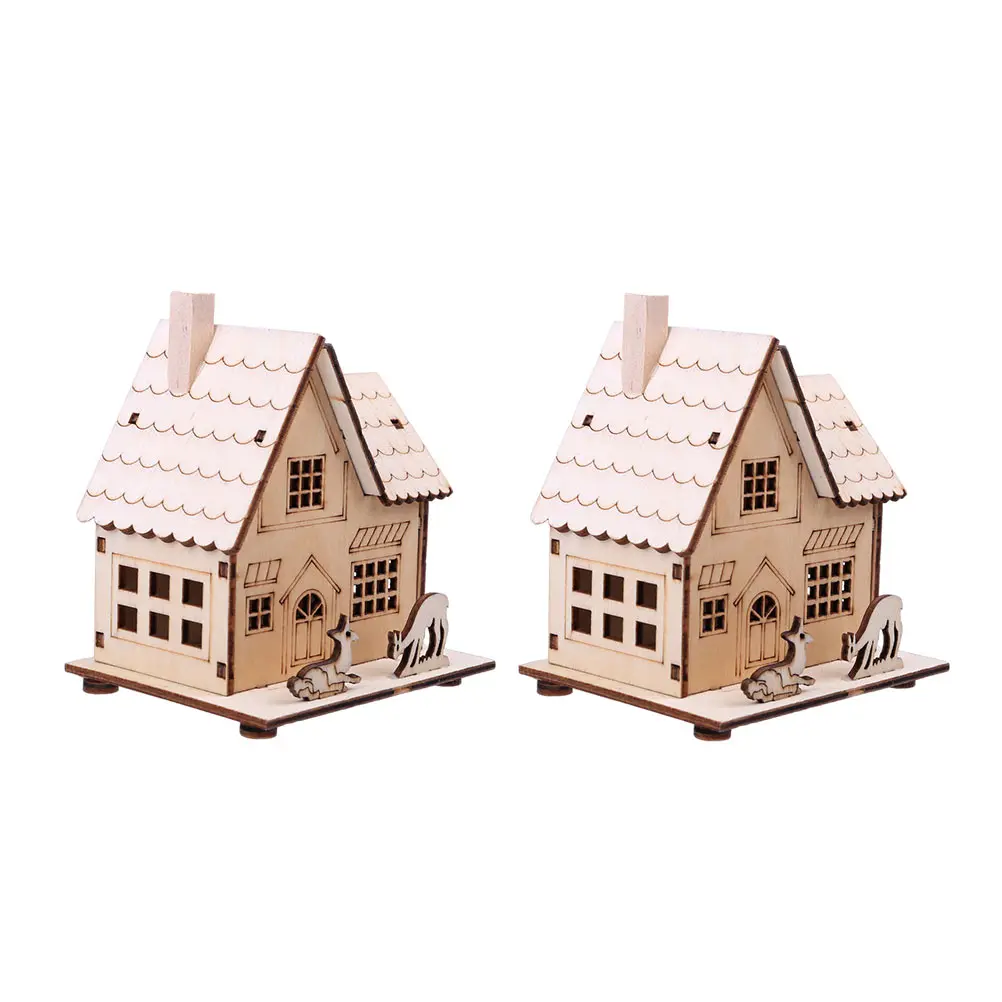 

2pcs Luminous Wooden House Decor Festival Christmas Ornament Indoor Scene Craft For Home Bar Restaurant Desktop Xmas Adornment