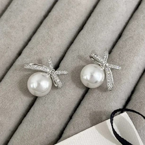 

Real 925 Sterling Silver Zircon Pearl Bowknot Stud Earrings for Women Minimalist Cute Fine Jewelry Light Luxury Accessories