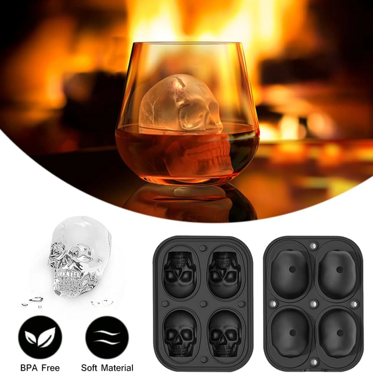 Large 4D Skull ICE MOLD Silicone 4 Cavity Super Flexible Ice Cube Mold with Funnel  for Jello Whiskey Cocktails Chocolate Juice