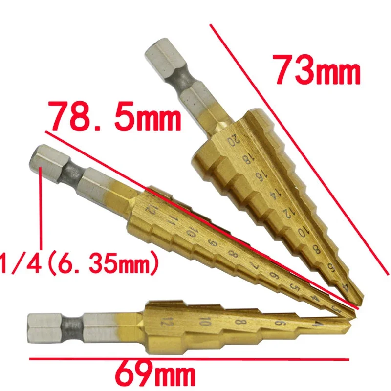 Straight Groove Step Drill Bit Set, revestido de titânio, madeira, Metal Hole Cutter, Core Cone Drilling Tools, 3-12mm, 4-12mm, 4-20mm, HSS