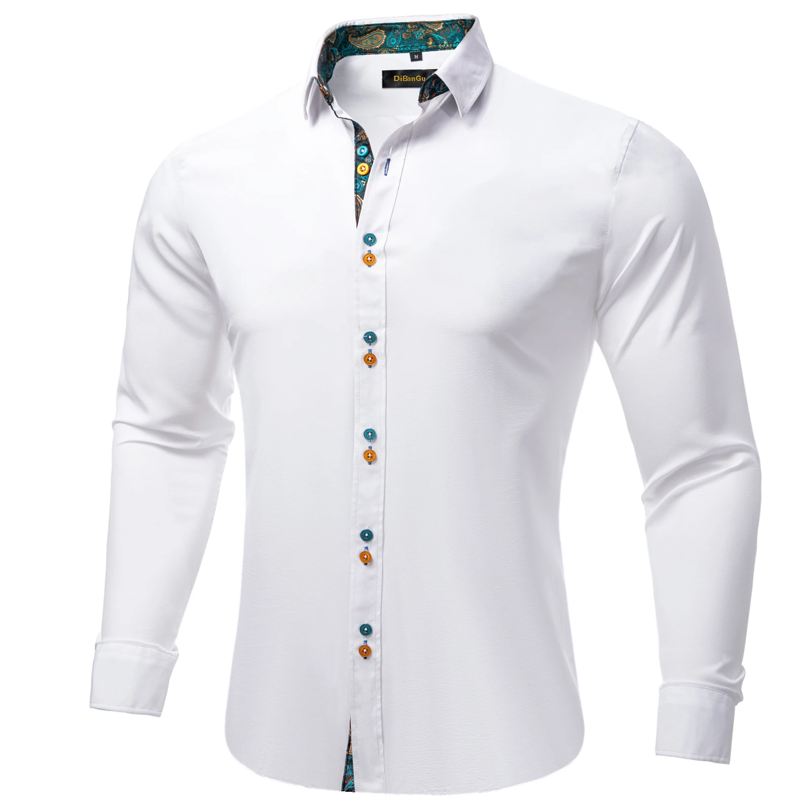 Luxury White Solid Men's Dress Shirt Long Sleeve Fashion Contrast Cuff and Collar Men Clothing Social Shirts and Blouse