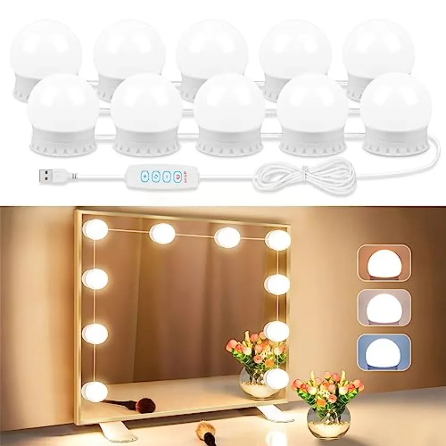 LED Vanity Lights For Mirror, Vanity Stick on with Dimmable Bulbs, 3000K 4000K 6500K and 10 Level Brightness Adjustable, USB Ca
