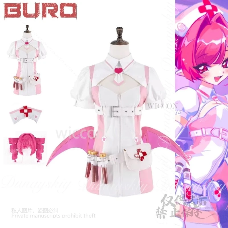Muse Dash Game Buro Cosplay Bloody Bunny Buro Cosplay con traje de enfermera rosa con peluca de cola de caballo doble rosa disfraz de Cosplay todo Set