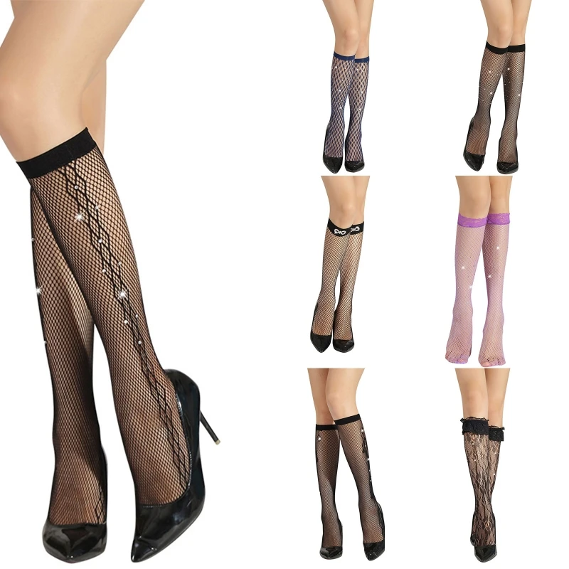 Women Sexy Fishnet Knee High Socks Shiny for Rhinestone Decor Hollow Out Mesh Lace Trim Long Tube Stockings Ling