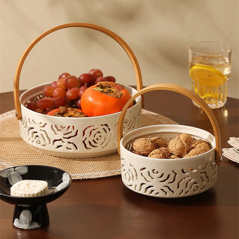 Ceramic Hollow Basket Fruit Plate Living Room Exquisite White Snack Dessert Storage Tray Retro Elegant Picnic Basket Gift