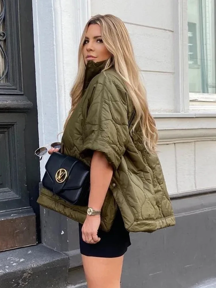 Quilted Argyle Coat Cape Rainproof Jacket Women Winter Jacket Army Green Casual Padded Loose Parkas Oversize Turtleneck Coat