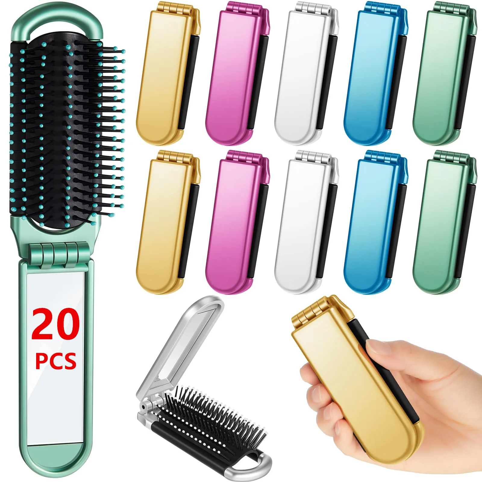 20Pcs Travel Brush Compact Portable Folding Hair Brush with Mirror Bulk Pocket Travel Size Mini Hair Brush for Men Women