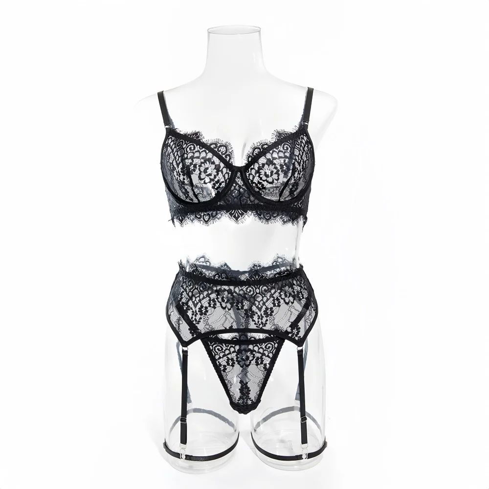 Krasapt Women Black Lace Sexy Lingerie Set Romantic Mesh Female Lingerie Lace Bra Set Fancy Intimate Perspective Three Piece Set