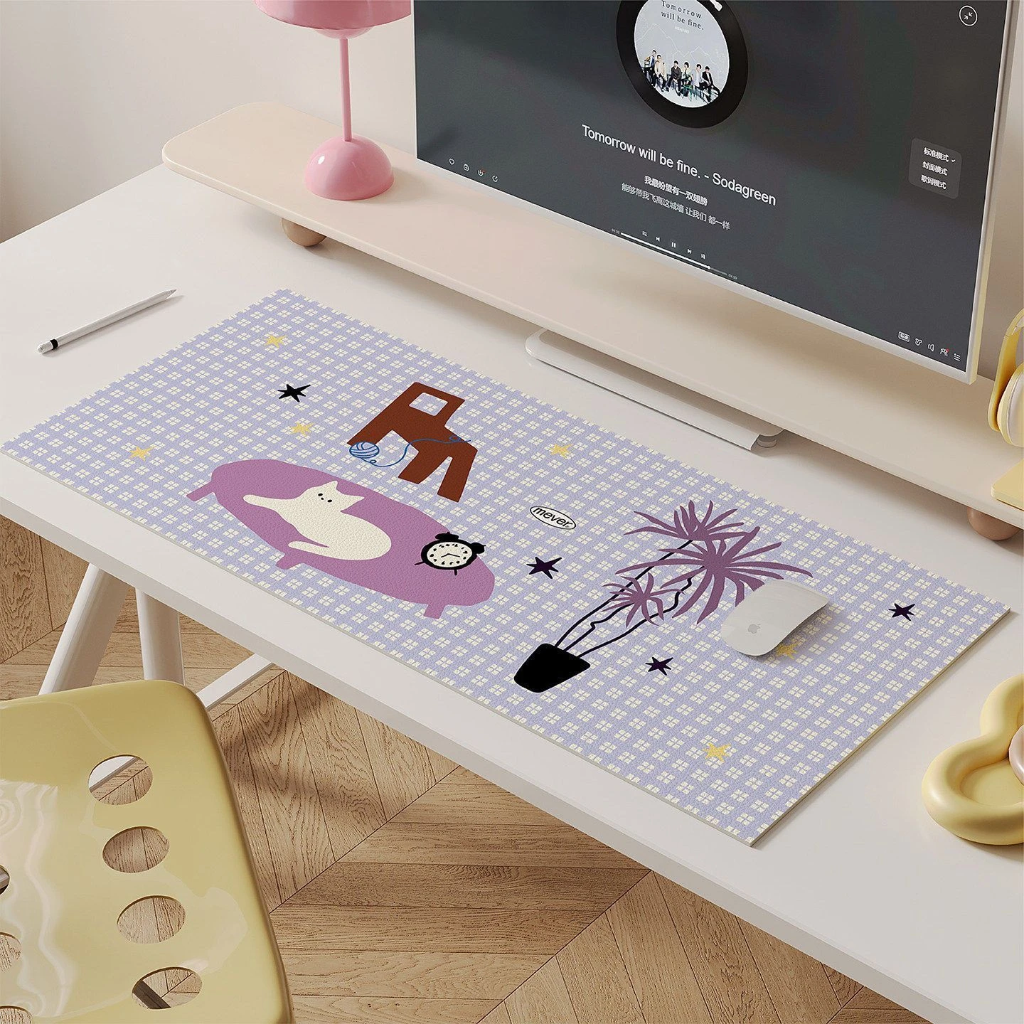 Korean Cute Cat Grid Y2K Large Pu Leather Mouse Pad Waterproof Desk Mat Protective Game Keyboard For Dorm Vanity Table Mat Decor