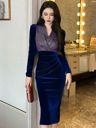 French Retro Elegant Dresses for Women Velvet Gold Sequins Long Sleeve Bodycon Slim Robe Femme Party Office Lady Vestidos Autumn