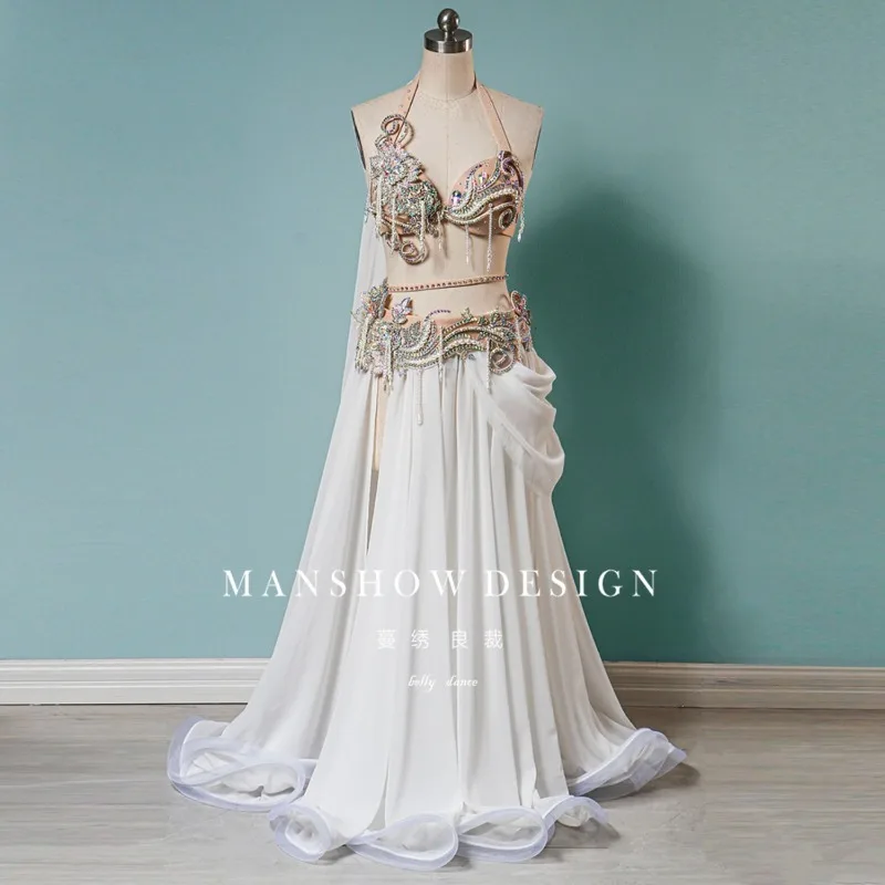 Damski strój do tańca brzucha na zamówienie, kostium sceniczny, zestaw odzieżowy, biustonosz do tańca brzucha z frędzlami, pas, duża spódnica z szerokim dołem, 3 sztuki, biały