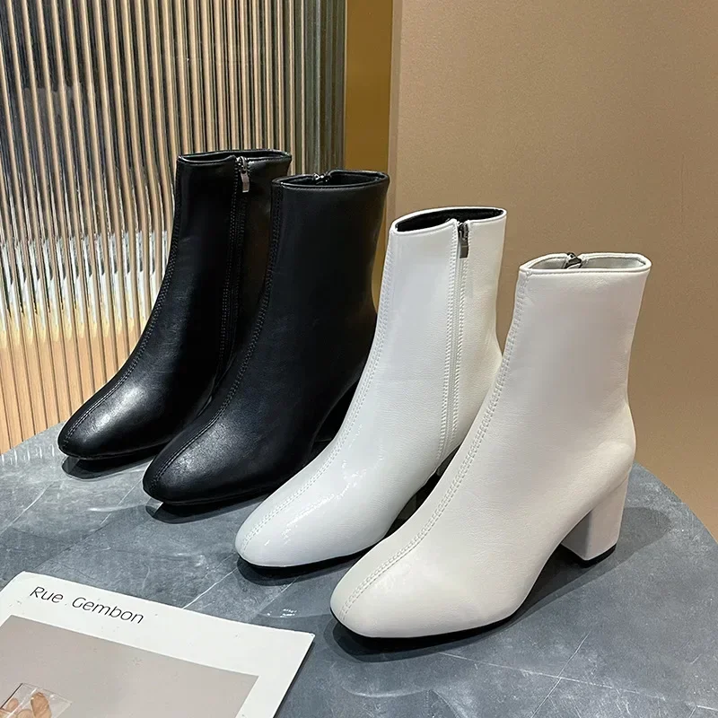 Leather Medium Heeled Short Boots for Women PU Soft Ankle Boots Side Zipper Comfortable Office Women Shoes Square Ladies Boats