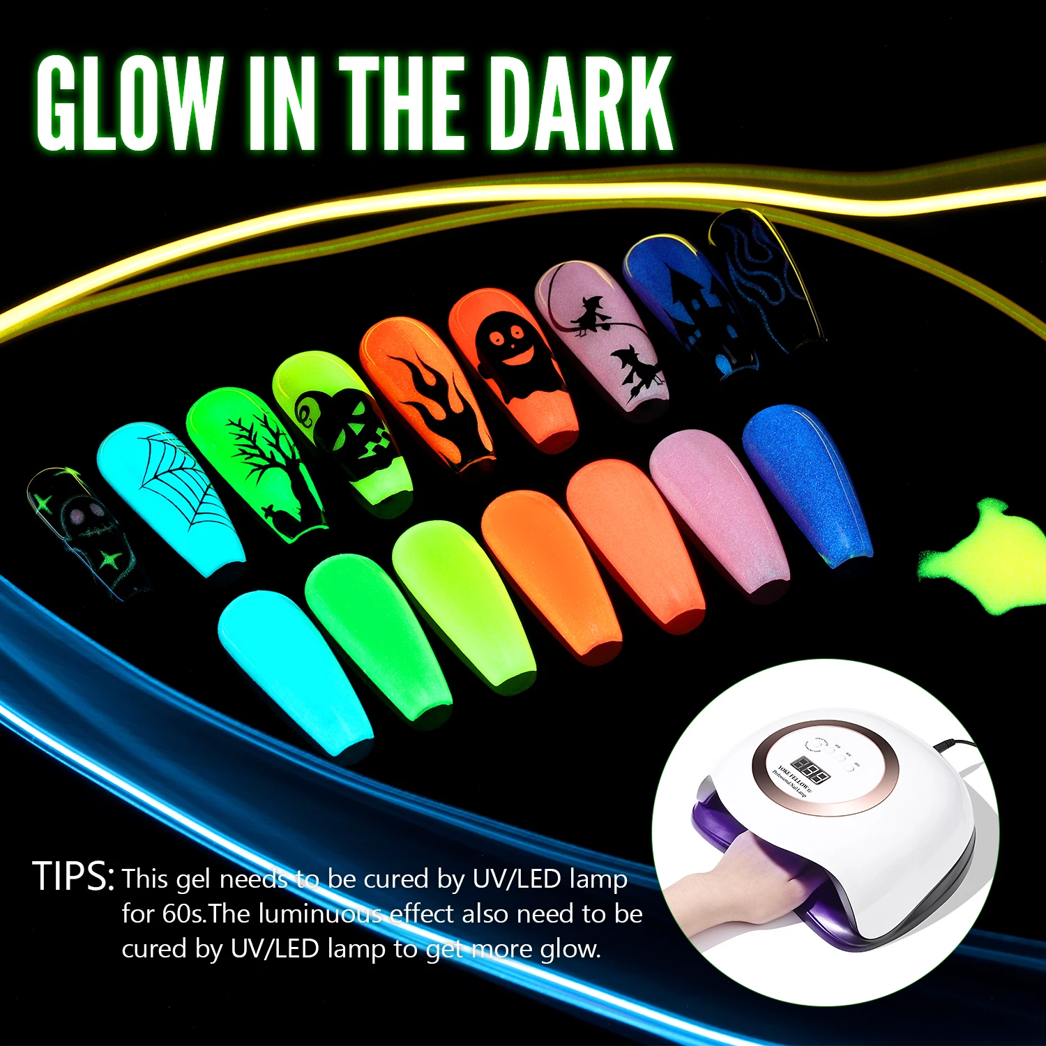 YOKEFELLOW Glow in the Dark Gel Nail Polish 10ML Fluorescent Neon Blue Glow UV Gel Polish Nail Art for Halloween Women Girls