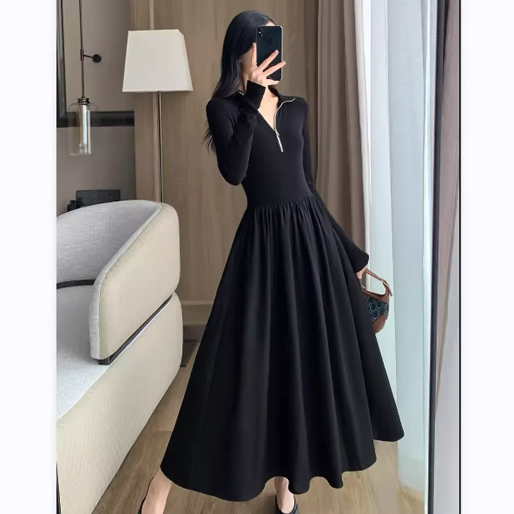 

Women Slim Long Dresses French Style Black Dress Pullovers Sweatshirt Retro Y2K Outerwear Turndown Oversized Long Sleeve Dresses