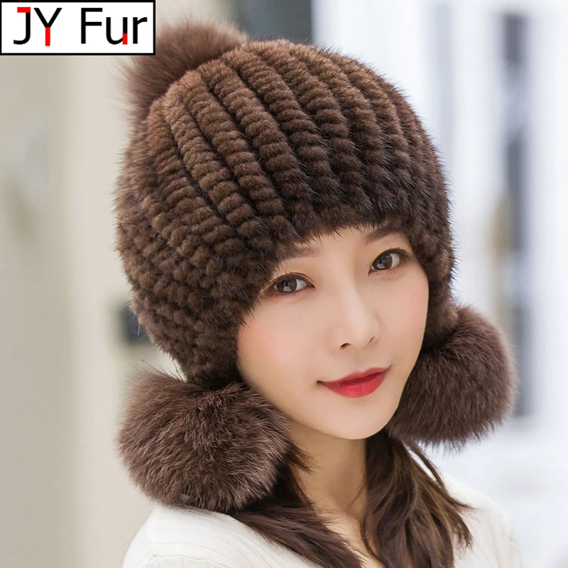 

Real Mink Fur Hat with Fox Fur Ball Earmuffs Protective Cap Winter Hat for Women Russian Autumn Hat Fox Fur Beanies Fall Bonnets