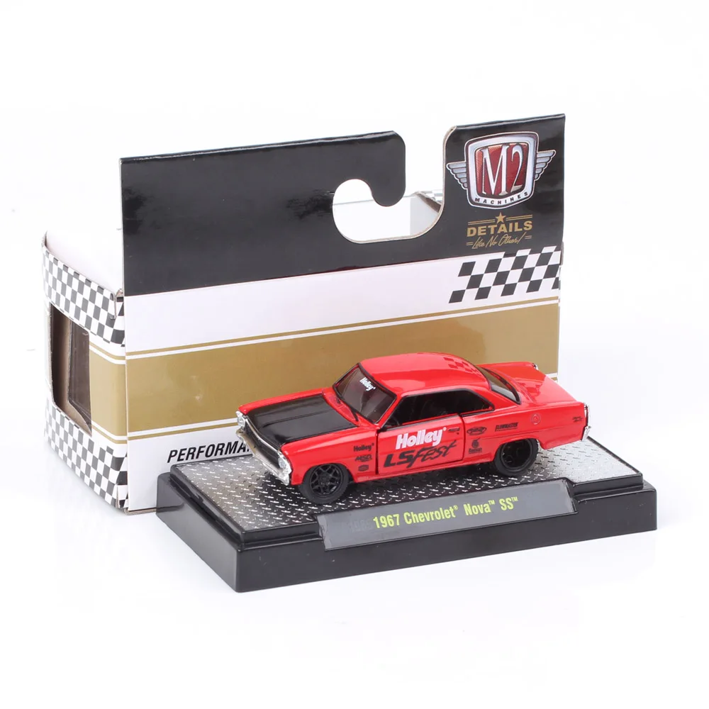 M2, schaal 1/64, klassieke Chevrolet Nova SS uit 1967, Chevy Holley Muscle, gegoten modelauto, miniatuur, cadeau, verzamelobject, rood.