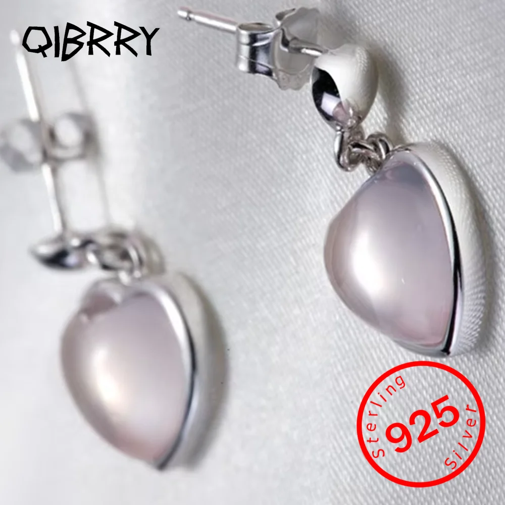 

925 stamp silver color Earrings Natural Stone Pink Crystal Heart Dangle Earrings For Women oorbellen