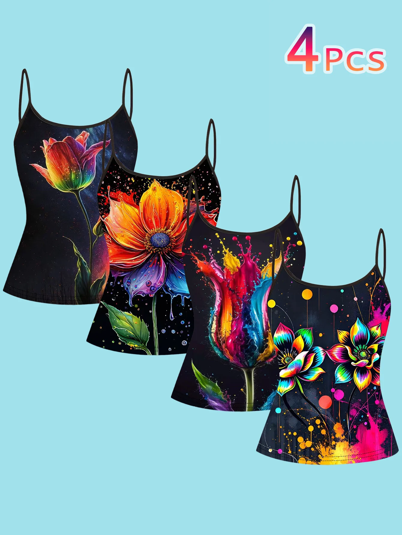 4-Piece Set of Women's Spaghetti Strap Camisoles with Black Base and Fluorescent Rainbow Tulip Lotus Large Floral Splash Art Print, Slim Fit Sleeveless Tops