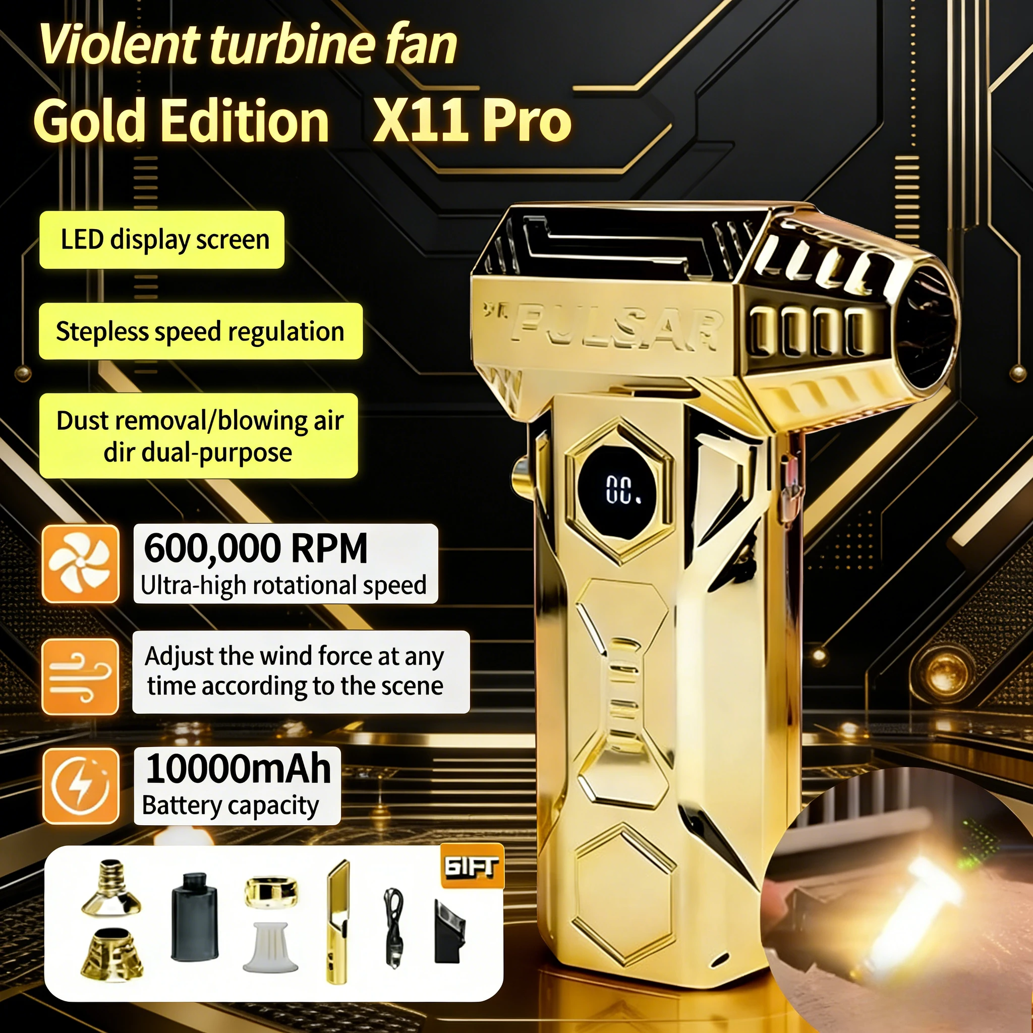 

Gold X11 Camping Outdoor Handheld Fan | 580000RPM Violent Turbo Dust Blower with Lighting