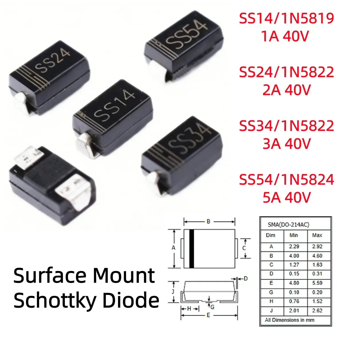 50/100/500 piezas de diodos Schottky de montaje en superficie SMA SS14/1N5819/1A SS24/1N5822/2A SS34/1N5822/3A SS54/1N5824/5A 40V DO-214AC