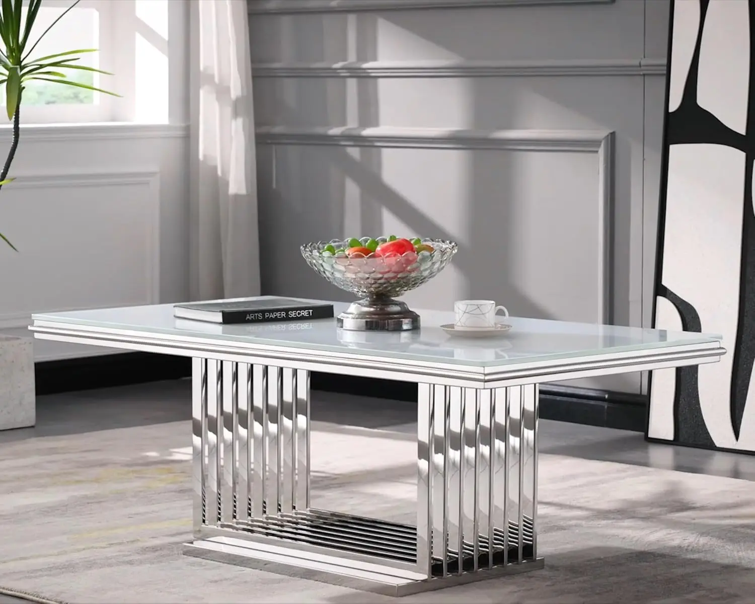 

50" Coffee Table, White And Silver Center Table With Tempered Glass Top And Geometric Gridiron Chrome Base, Modern Glam Rectangl