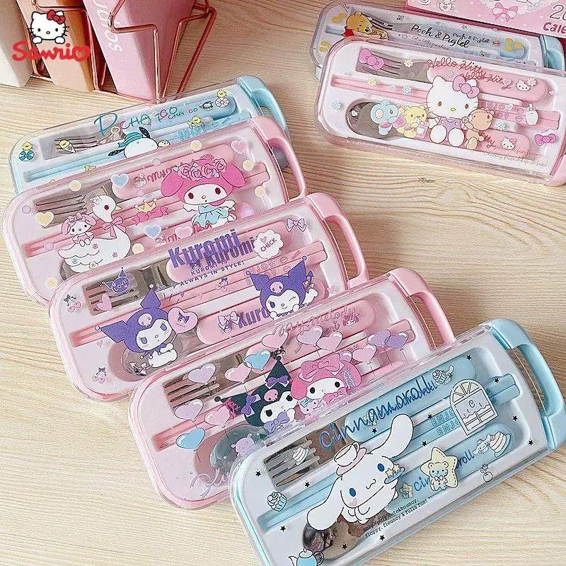 

Hello kitty Tableware Set Spoon Kuromi Anime Sanrio Portable 304 Metal Chopsticks Spoon Fork Three-Piece Storage Box