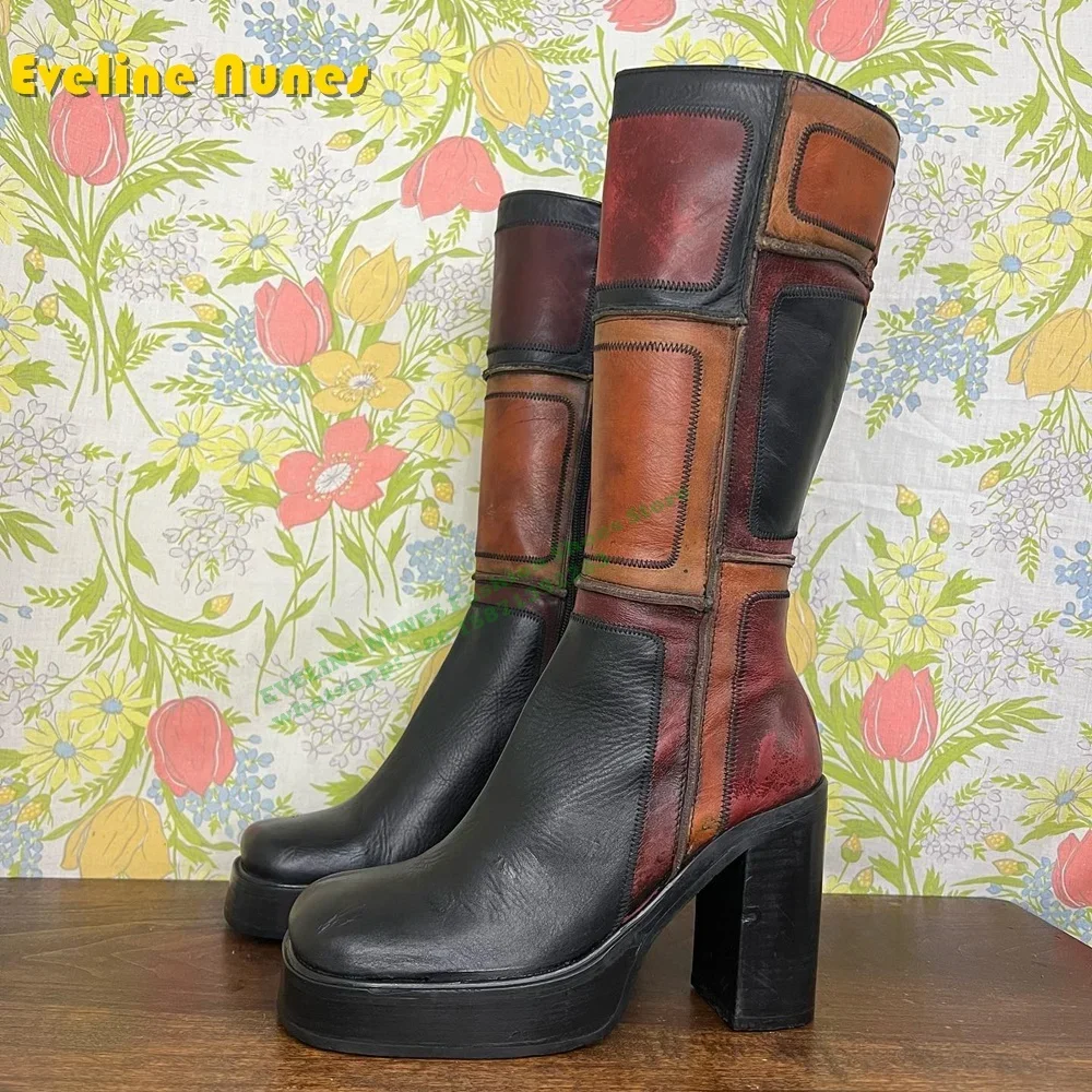 Platform Plaid Patchwork Retro Women\'s Knee High Boots Square Toe Block Heels Zipper Closure Large Size Modern Boots 2024 Winter