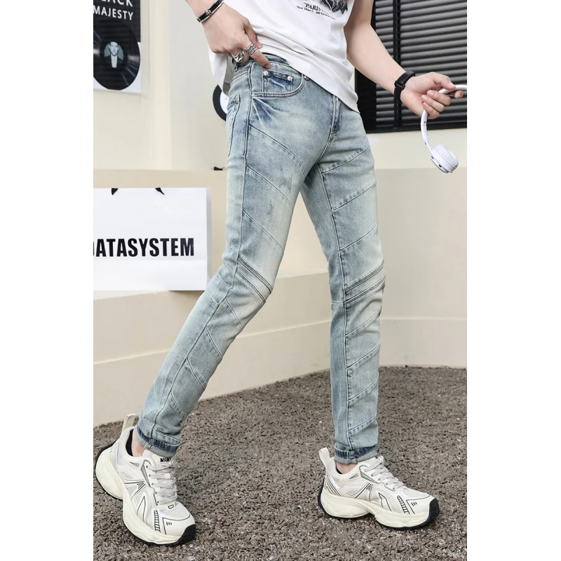 Fashion jeans men2024new trendy unique Stretch Slim high-end retro washed splicing machine long pants